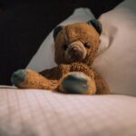 A charming vintage teddy bear rests on a pillow, exuding warmth and nostalgia.